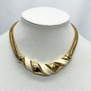 Vintage Cream Enamel Gold Omega Choker Statement Necklace